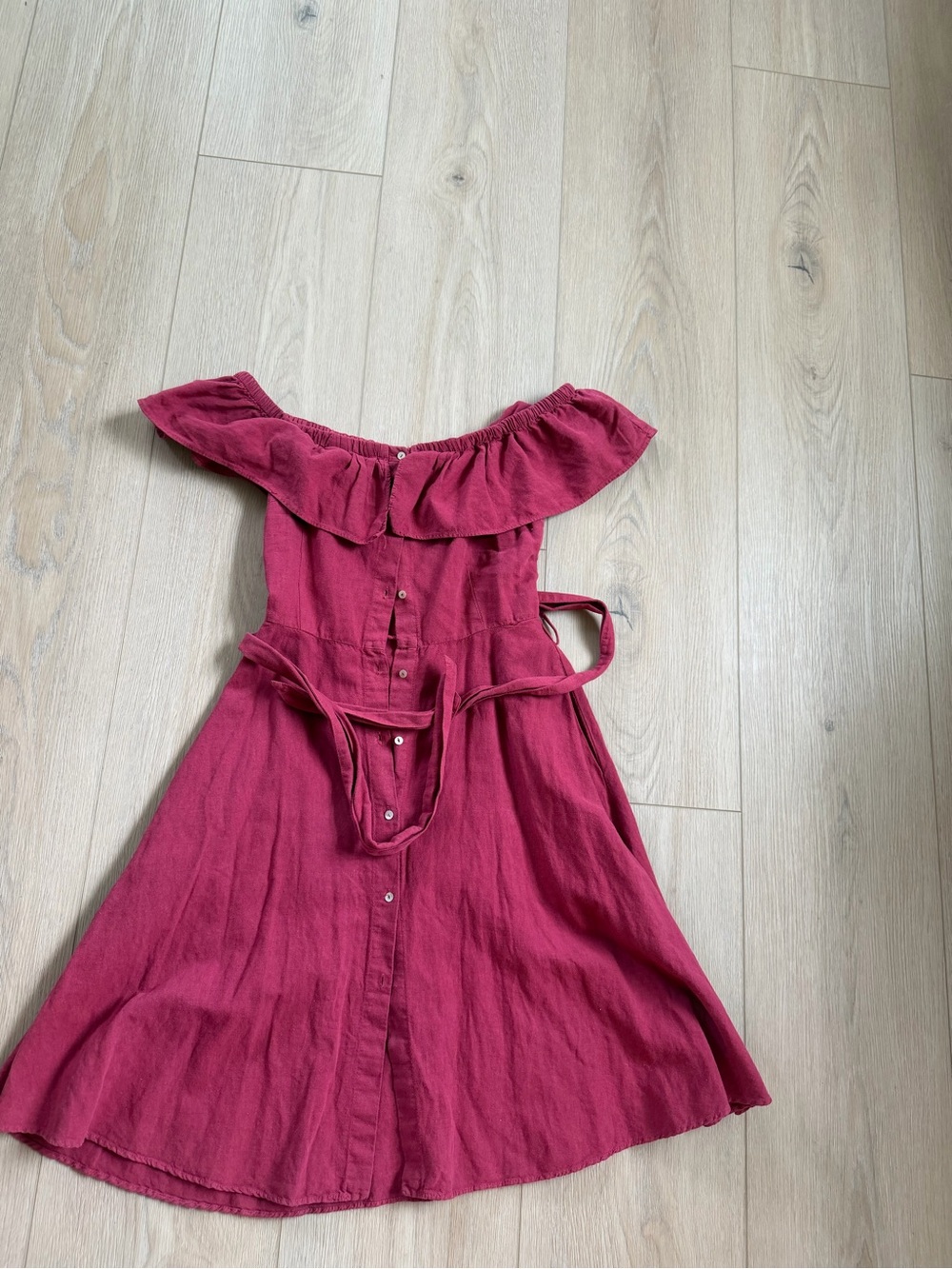 Off-Shoulder Button-Front Midi Dress in Deep Raspberry